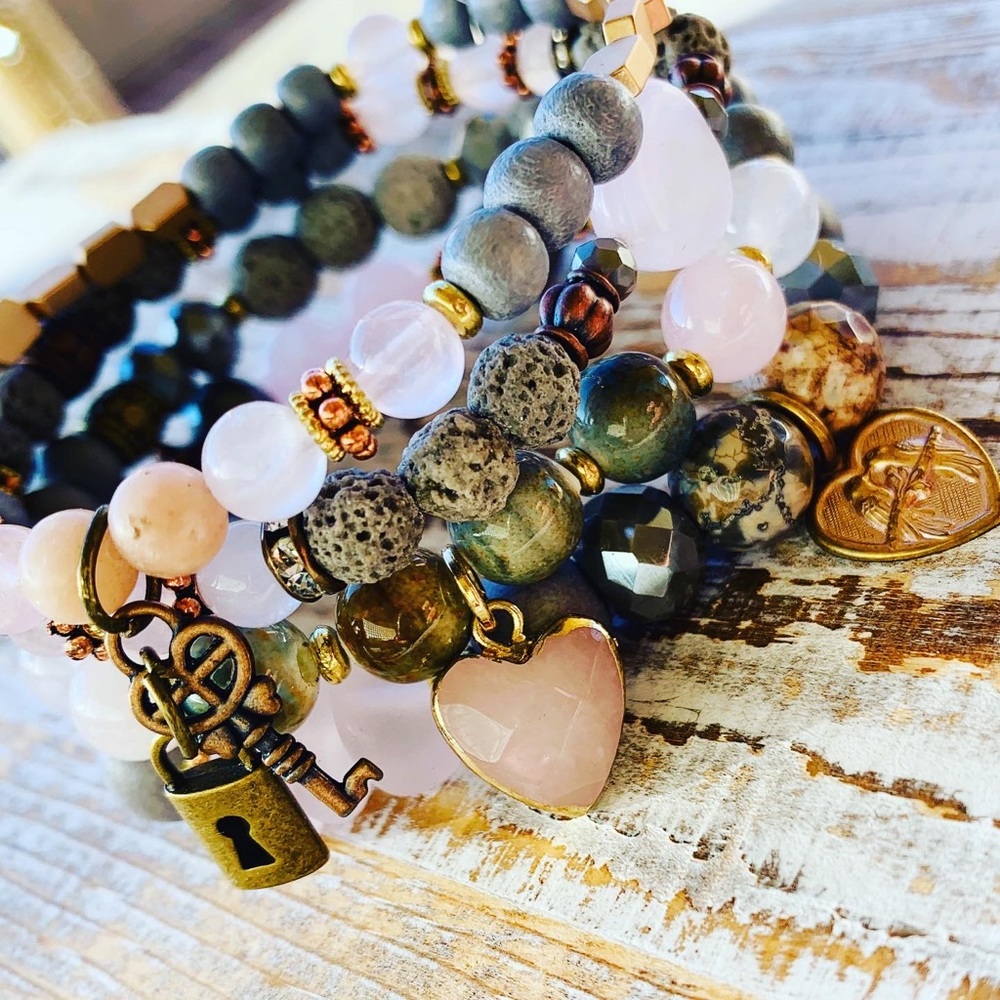 Boho Rose Quartz & Lava Stone Bracelet Stack